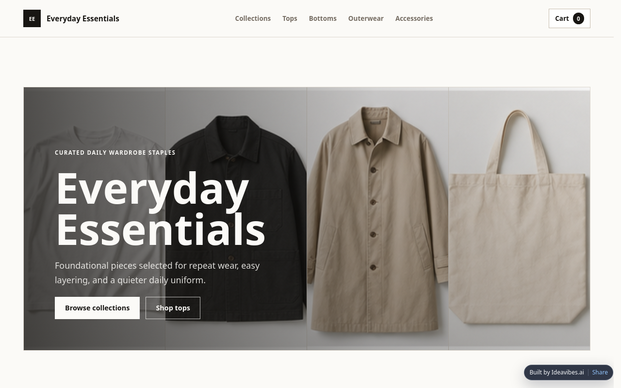 Screenshot of the Everyday Essentials e-commerce storefront. |ideavibes ai
